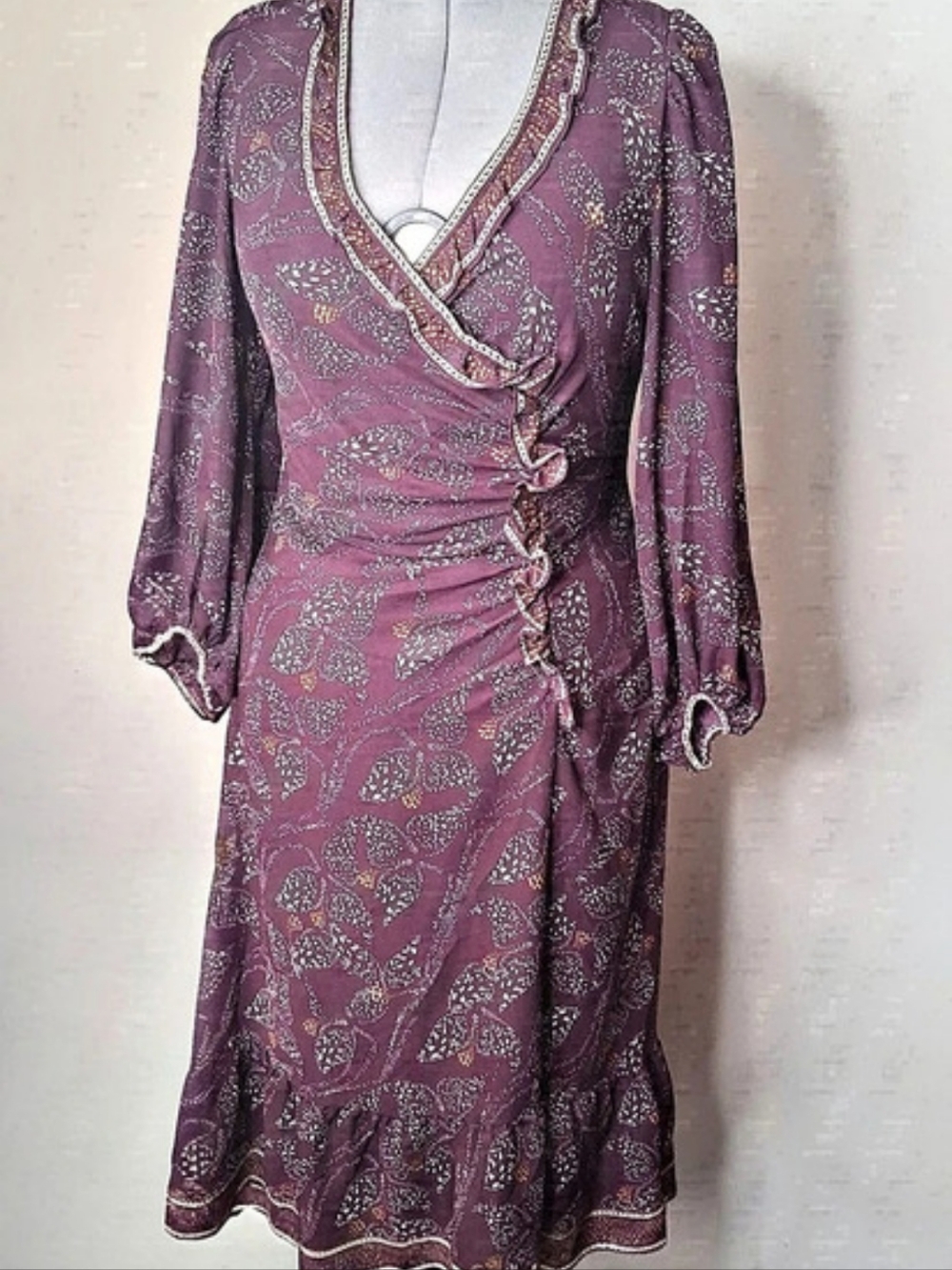 NWT Max Studio Plum Floral Ruffle Wrap Midi Dress Medium